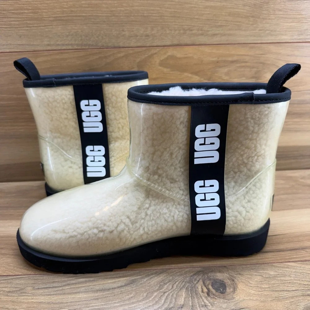 UGG Classic Clear Mini Boots Womens 9 Sherpa Shearling Fur Lined Black Jelly